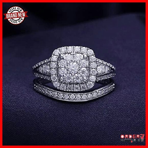 Double Halo Bridal Ring Set 1.25ct Moissanite 14k Gold Plated Sterling Silver - Picture 5 of 6